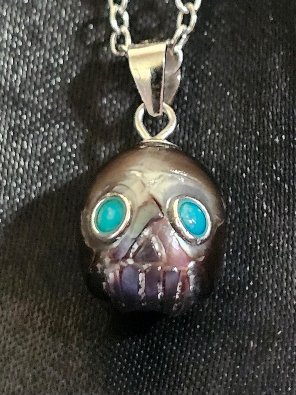 10mm Carved Freshwater Pearl Skull Memento Mori Pendant & Sterling Silver Chain